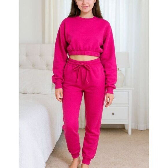 Zenana 2 Pcs Crop Sweatshirt Tracksuit High Waist Jogger Set Active Hot Pink - Picture 1 of 13